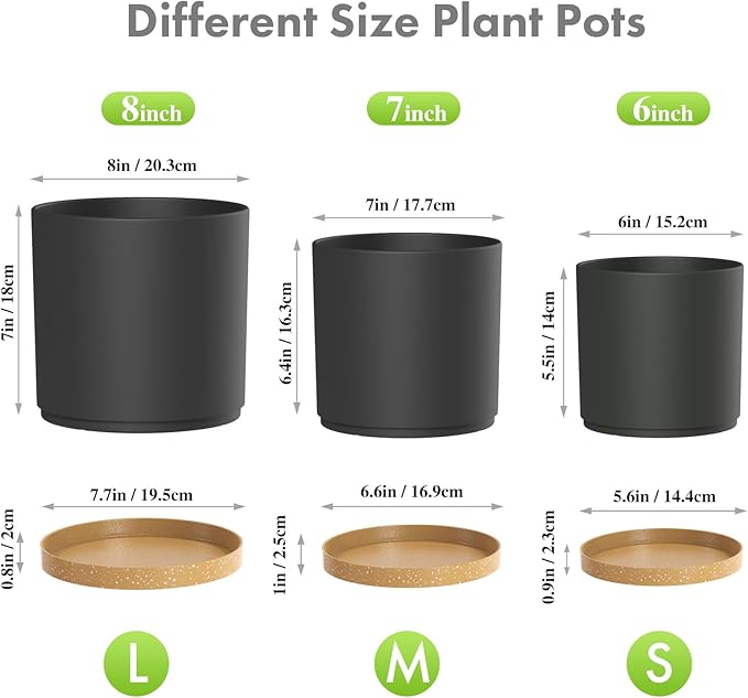Meowell 8/7/6 inch Flower Pots, 3 Pack Cylinder Plant Pots for Outdoor Indoor Plants, Decorative Plastic Planters with Drainage Holes and Saucers for Garden House Plants, Black with Brown