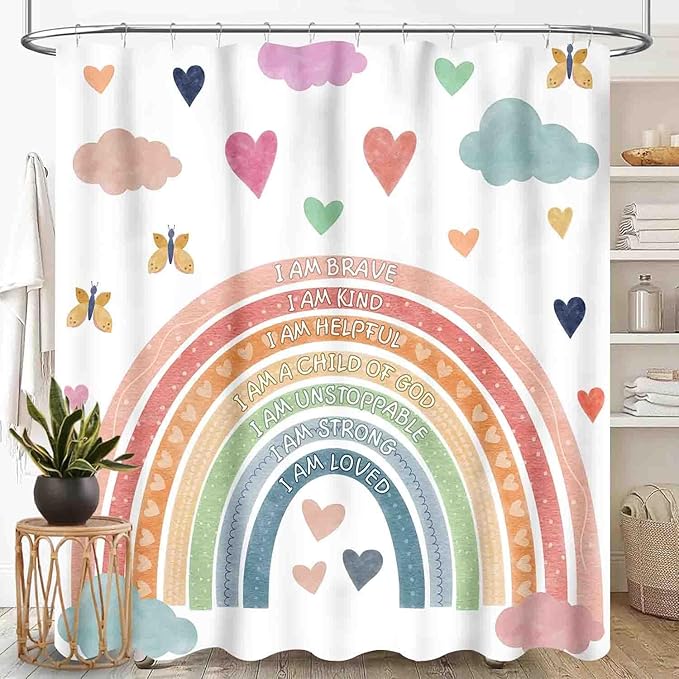 Pastel Rainbow Shower Curtain for Bathroom, Kids Girls Baby Boho Cute Inspirational Motivational Quotes Rainbow Colorful Waterproof Fabric Shower Curtain Set with Hooks, 72"x84" Inch
