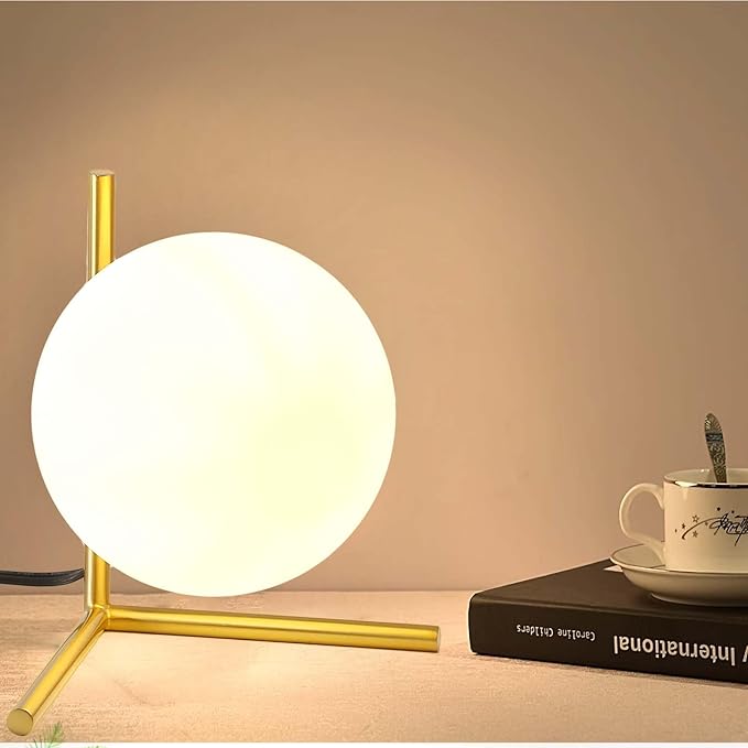 Glass Table Lamp, Minimalist Nightstand Lamps, Metal Standing Reading Light with Glass Ball Shade, Gold Desk Lamp for Bedroom, Office, Study Room, Kids Room (Gold-B-Style)