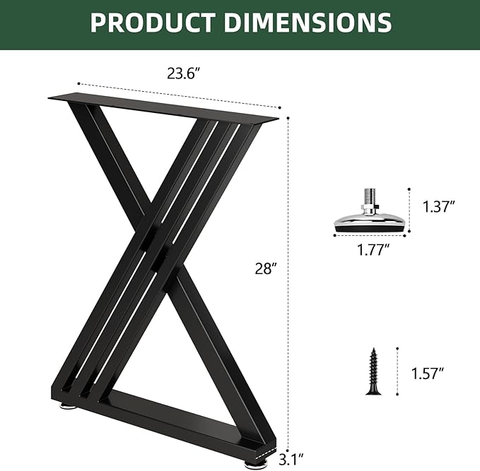 Metal Table Legs 28" H x 24" W Furniture Desk Bench Dining Table Legs Z Shape Heavy Duty Legs with Adjustable Feet Set of 2 Black