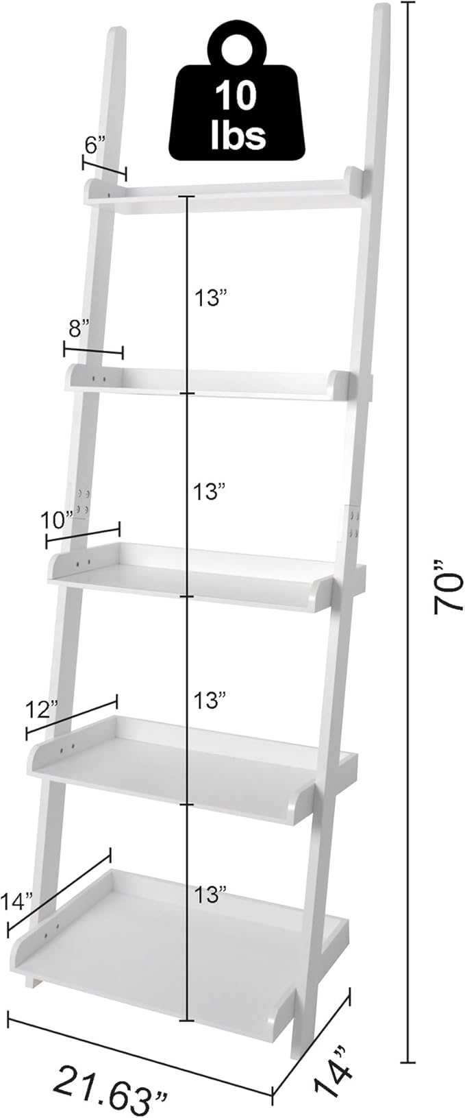 eHemco Modern 5 Tier Wall-Leaning Ladder Bookshelf Organizer, Storage Rack, 70 Inches, White