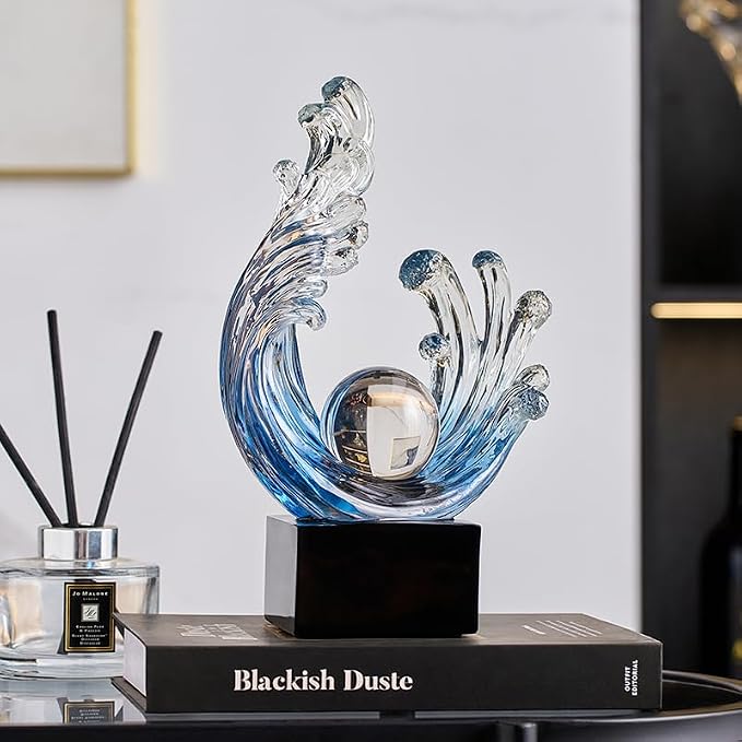 Modern Abstract Decorative Wave Statue, Blue Abstract Art Home Decor,Crystal Ball Art Wave Resin Sculpture, Office Desk Stand, Dining Table Center Decorative Aesthetics (A,Navy-Blue)