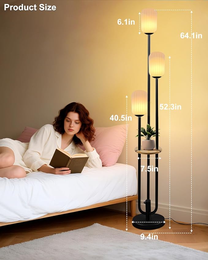 Lightdot Black Dimmable Floor Lamp with Shelf Modern Floor Lamps with Oval Striped Lampshade & Bulb Included 3-Lights Tall Lamp with 5Lbs Heavy Base for Living Room/Bedroom/Sofa Beside/Corner Decor