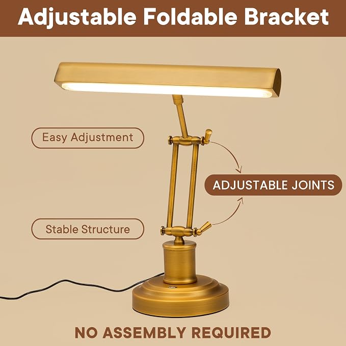Vintage Piano Lamp for Grand/Upright Pianos, Bronze Piano Light with Touch Control & 3 Color Temperature & Stepless Dimming, Gold Foldable Desk Lamp for Bankers, Office, Reading, Bedside