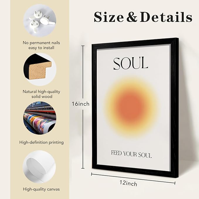 LIANGKESU Black Framed Soul Body Mind Wall Art Aura Gradient Minimalist Canvas Prints Wall Decor 12x16 Inch Positive Energy Wall Picture for Living Room Bedroom Office
