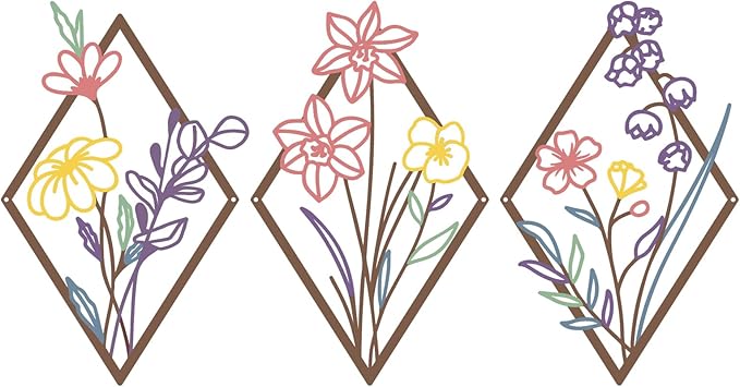 cape leadwort 3 Pcs Metal Flower Wall Decor, Minimalist Floral Wall Hanging Art, Abstract Line Floral Wall Art Sculpture for Bedroom Bathroom Living Room Kitchen Dining Room Office Hotel (Colorful)