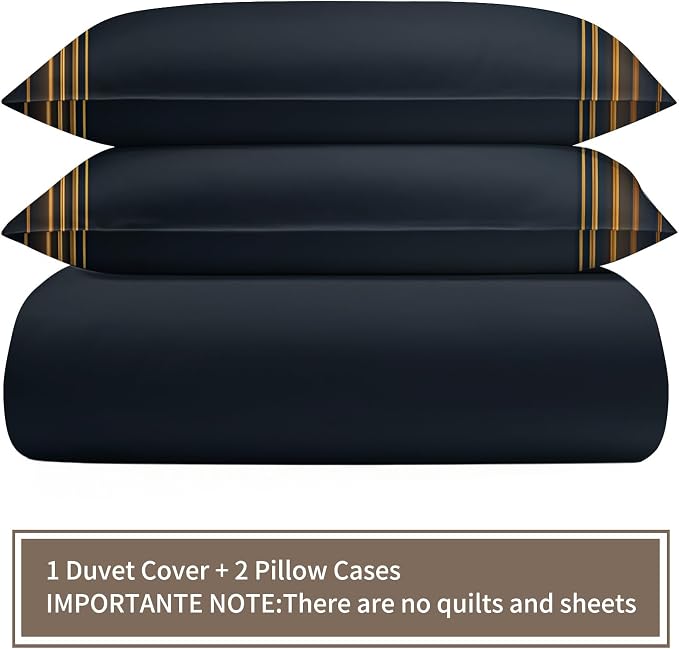 Gold Geometric Duvet Cover King Size, Stripes Bedding Set 3 Piece, Minimalist Dark Blue Patterned Comforter Cover with Zipper Soft Microfiber, 2 Pillowcases
