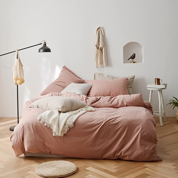 Omelas Cute Pink Duvet Cover Queen Size Blush Pink Solid Color Bedding Set Modern Minimalist Style Soft Lightweight Microfiber Comforter Cover,3pcs with Zipper Closure Corner Ties Gifts for Women Men