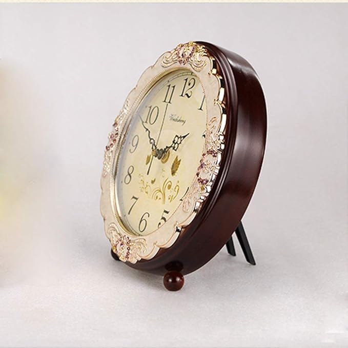 Justup Vintage Table Clock, Retro Non-Ticking European Style Beside Desk Clock Battery Operated Silent Quartz Movement for Bedroom Living Room Indoor Decor (Brown)