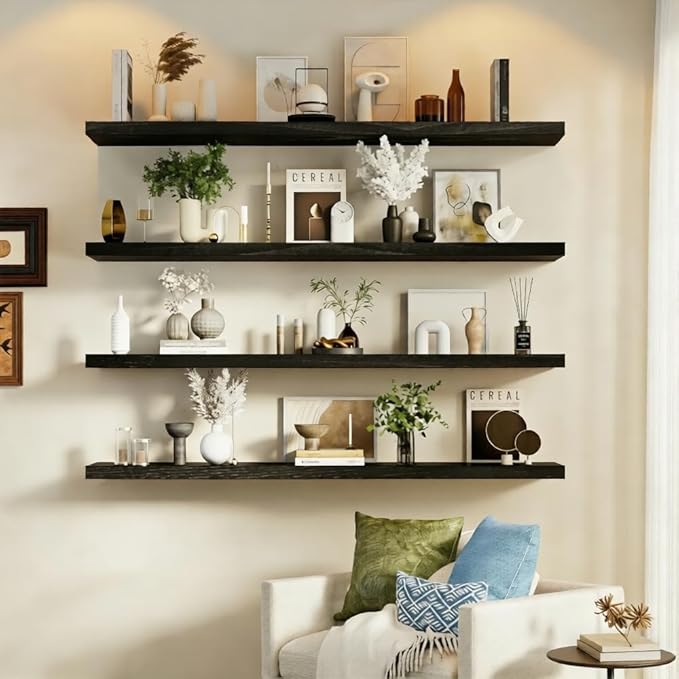 IEO Long Wooden Floating Shelves for Room Wall, Natural Wood Floating Shelves Wall Mounted Kitchen Shelf for Living Room, Bedroom, Kitchen,Bathroom, Storage (Black, 48in 4tier)