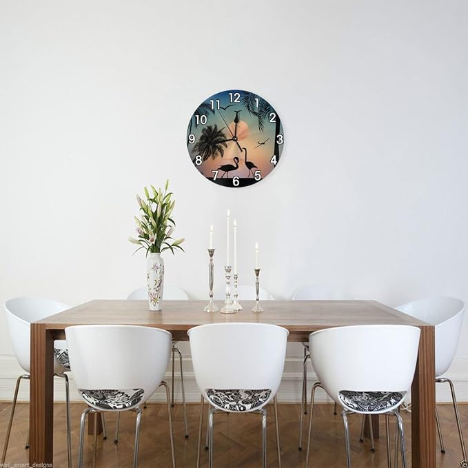 Flamingos Walk on the sea Beach Wall Clock Battery Operated Silent Round Clock Wall Decor for Home Office School, 12 Inch