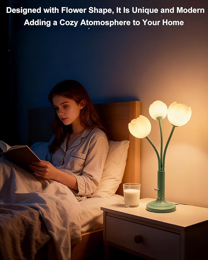 Lightdot Vintage Flower Table Lamp, Green Small Cute Bedside Lamp with Adjustable Gooseneck& Bulbs, 3000K Warm Light Dimmable Desk Lamps Nightstand Light for Bedroom Living Room