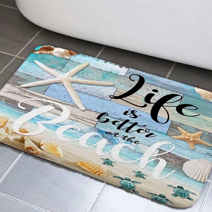 Beach Starfish Sea Shell Ocean Bathroom Rugs Mat, Non Slip Rustic Beach Bath Rugs for Bathroom, Durable Rustic Wooden Flannel Mat Rug, Absorbent Water Clearance Mats for Laundry Room Kitchen,17X48