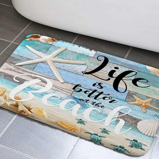 Beach Starfish Sea Shell Ocean Bathroom Rugs Mat, Non Slip Rustic Beach Bath Rugs for Bathroom, Durable Rustic Wooden Flannel Mat Rug, Absorbent Water Clearance Mats for Laundry Room Kitchen,17X48