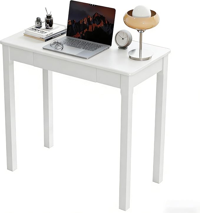 Solid Wood Desk with Drawers - 32 x 16 Inch Simple Narrow Desks, Rubber Wood Study Table, Small Writing Desk for Bedroom|Small Spaces - Modern White Desks