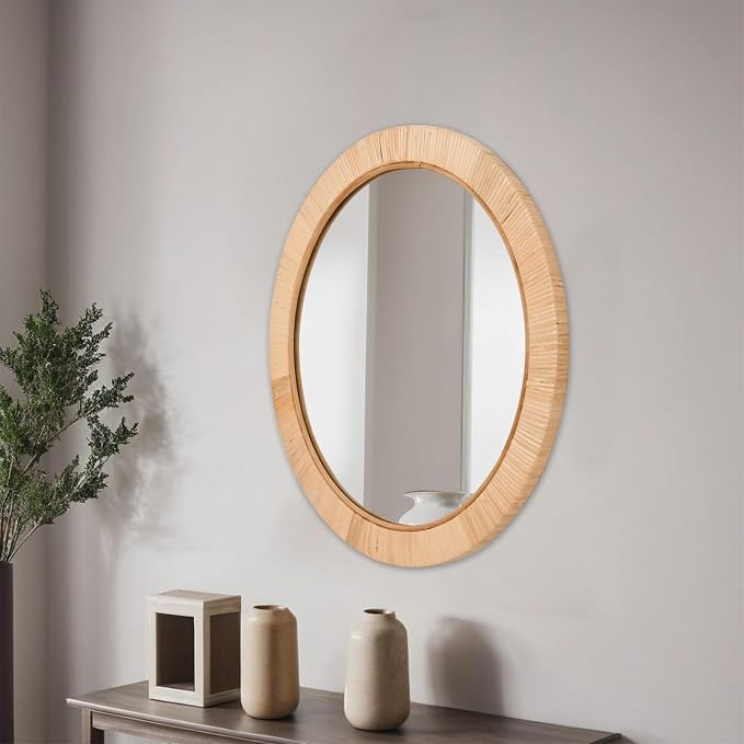 FUIN 20" Boho Round Rattan Mirror – Handwoven Wicker Wall Mirror for Nursery, Farmhouse & Coastal Décor