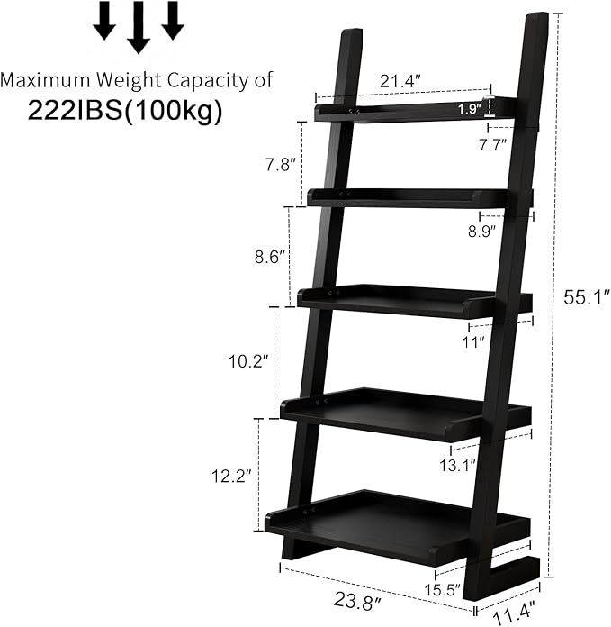 AQIMUELE Black Wooden Ladder Shelf with Edges, 5-Tier Modern Leaning Bookshelf Ladder – Stylish Space-Saving Bookcase for Living Room, Bedroom & Home Office