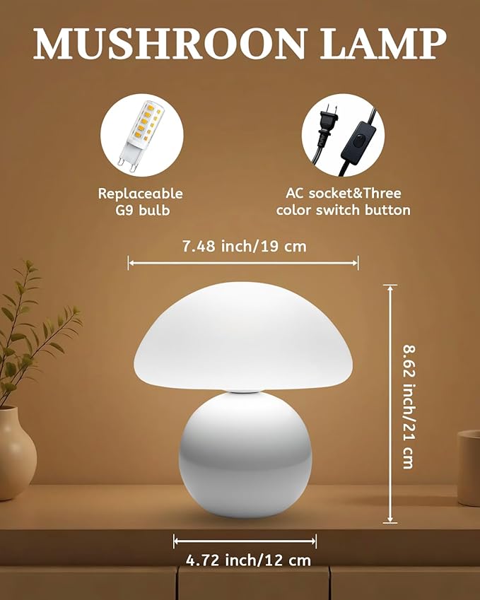 Mushroom Lamp Table Lamp for Bedroom,Desk Bedside Small Lamps for Living Room Night Stands,Mushroom Decor Cute Mini Modern Mid Century Lamps,Unique Aesthetic Home Living Room Decor(White)