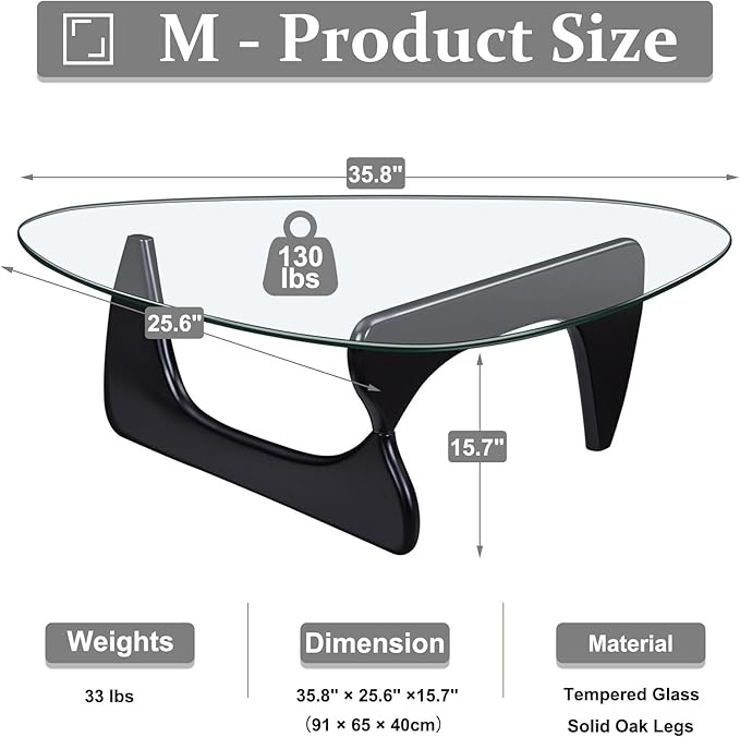 Mid-Century Modern Coffee Table,Tempered Glass Top & Natural Wood Base Triangle Coffee Table for Living Room,Small Space,Office Abstract End Tables (Black/Brown, Medium 35.8 * 25.5 * 16in)