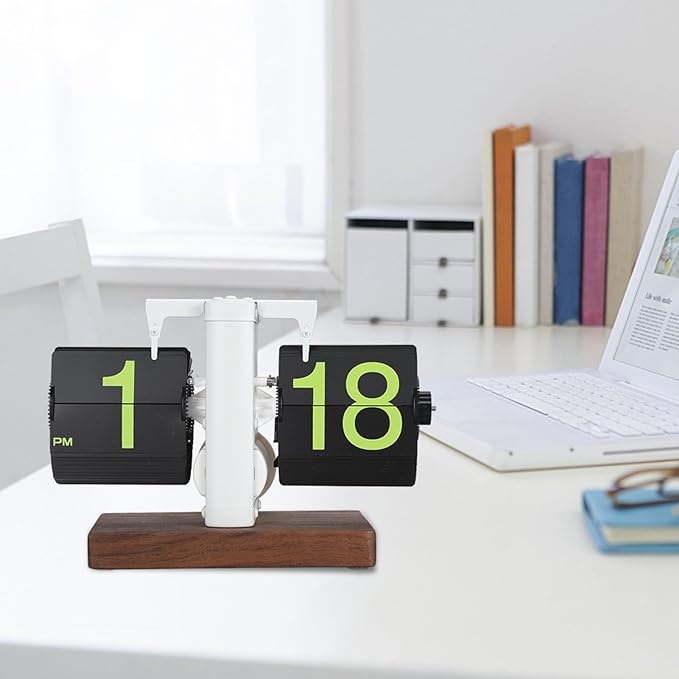 FOSA Flip Desk Clock, Retro Vintage Flip Desk Table Clock, Digital Clock Sided Large Numbers Mechanical Flip Clock Wood Base for Living Room, Study Room and Office（Frosted White）