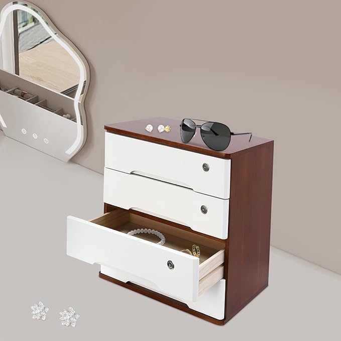 Desktop File Organizer with Lock, 2/3/4 Tier Multi-Drawer Wooden Storage Cabinet, Office Supply Organizer for Home Desk, Study & Workplace (Wine Red + White, 4 Layers)