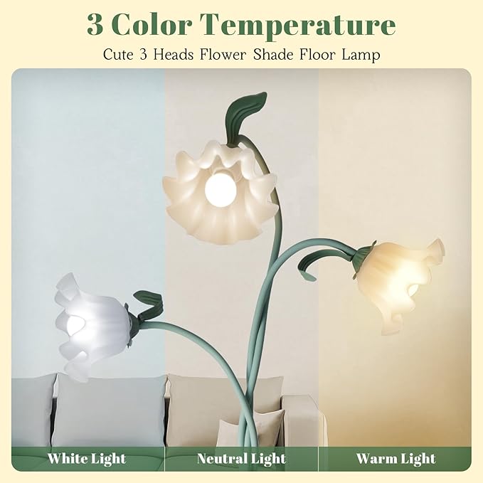Flower Standing Lamp for Bedroom, Cute Corner Floor Lamp with Flexible Gooseneck,3 Light Floor Reading Lamp with 3 Color Temperatures, Bulbs Included, LED Tall floor Lamp for Living Room Corner(Green)
