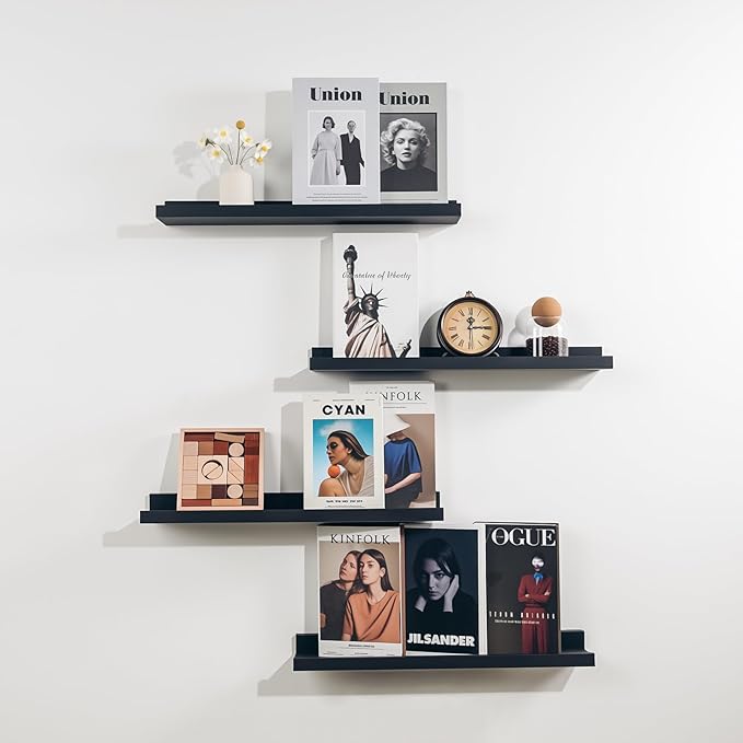NEXHOME PRO Floating Shelves for Wall Set of 4,24 Inches Picture Ledge Shelf, Kids Bookshelf Wall Mounted for Living Room Bedroom Bathroom Kitchen, Easy Install,Black