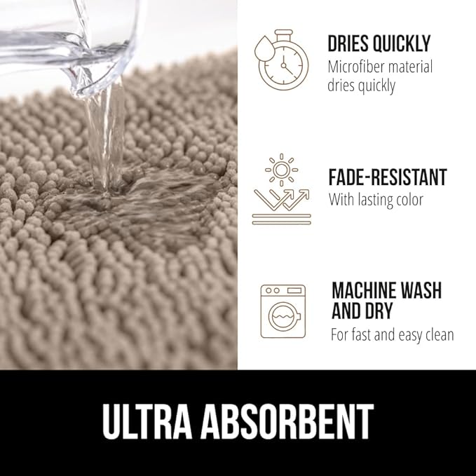 GORILLA GRIP Bath Rug Mat 48x17, Thick Absorbent Chenille, Quick Dry Microfiber Mats, Rubber Backing Washable Shower Floor Rugs, Bathmat Runner, US Designed Bathroom Home Decor Accessories Gray Beige