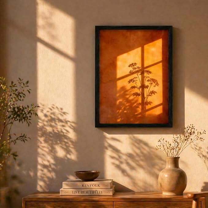Framed Sunset Wall Art, Orange Window Shadow Poster Print, Minimalist Botanical Silhouette Picture Painting, Modern Aesthetic Picture Wall Decor for Bedroom Living Room 12x16 Inches