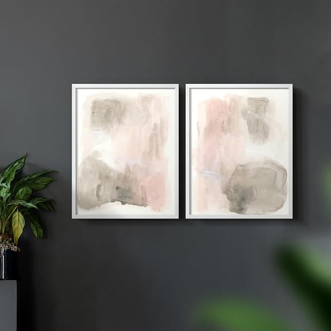 Renditions Gallery Set of 2 Peel & Stick Framed Prints, Watercolor Abstract Wall Art, Nude Color Neutral Aesthetic Wall Decor, Re-Stickable - Ready to Hang - 22"x28" - White Frame LT588