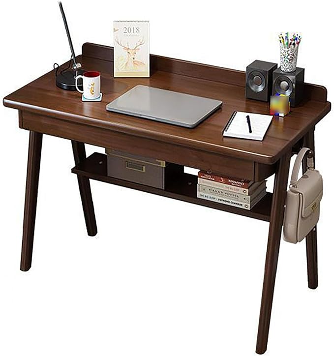 Solid Wood Writing Desk, Home Office Desk Workstation with Drawers and Hook, Mid-Century Modern Computer Work Study Table with Storage Shelf for Small Spaces(80x60x75cm(31x24x30inch), Walnut)