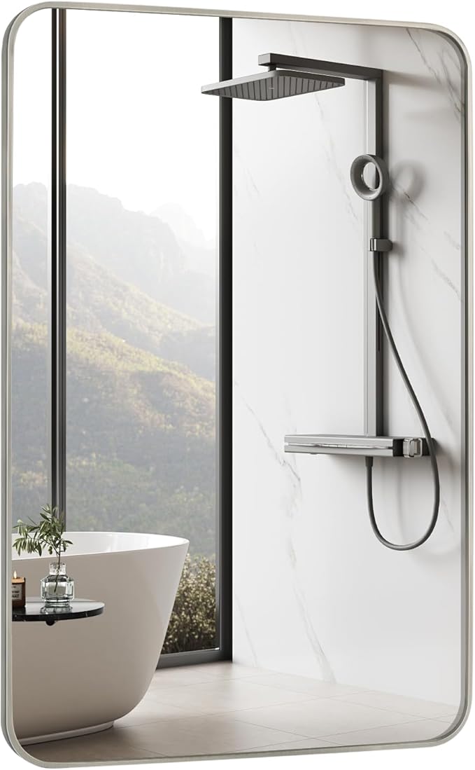 Bathroom Mirror Brushed Nickel, 20 x 30 Inch Metal Frame Rectangle Mirror Rounded Silver Modern Vanity Mirror Anti-Rust for Bathroom, Farmhouse Wall Mounted Vertically/Horizontally