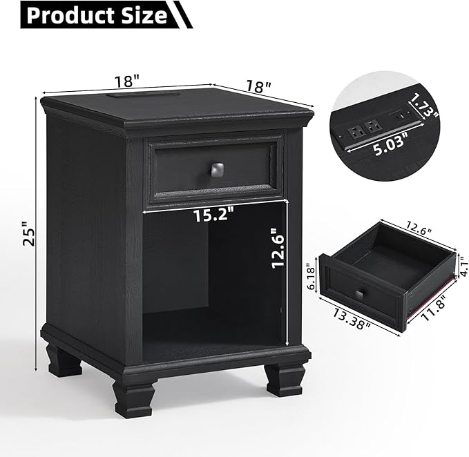 Farmhouse End Tables Living Room with Drawer, Rustic Wood Nightstand with Charging Station, Bedside Table with Open Shelf for Bed Room, Living Room, Black