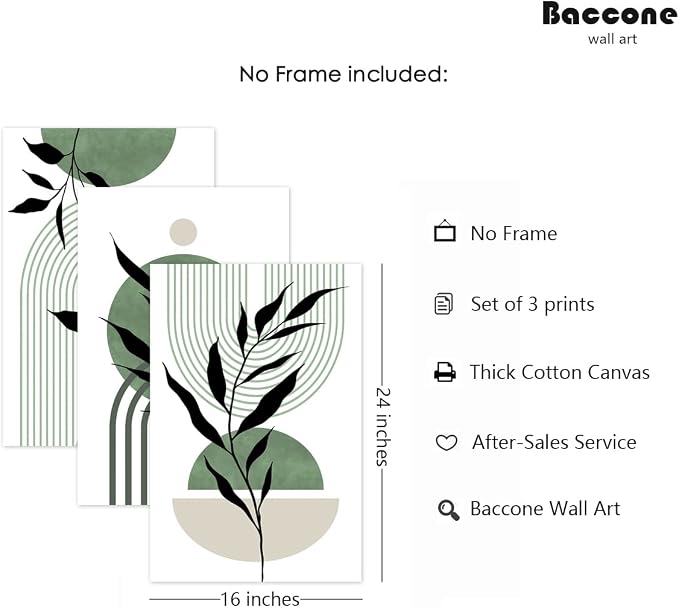 Mid Century Modern Wall Art Set of 3 Sage Green Canvas Wall Art Boho Prints Green Wall Decor Black Beige Abstract Wall Art Picture Mid Century Painting for Living Room Bedroom 16x24 Inch UNFRAMED