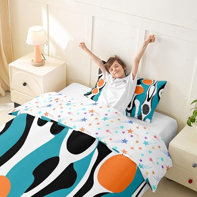 Erosebridal Mid Century Modern Abstract Duvet Cover Set Vintage Geometric Girl Toddler Bedding Set for Toddler Boys Contemporary Organic Shapes Comforter Cover Squiggle Blob Bed Sets,Teal Orange