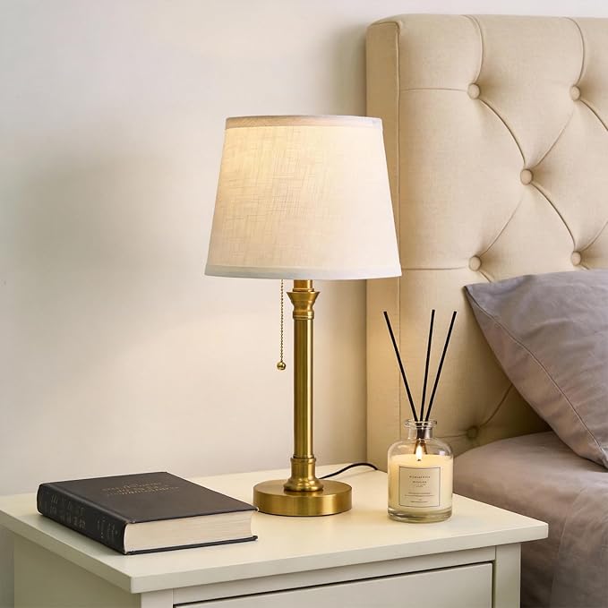 Oneach 19.5" Gold Table Lamp Set of 2, Small Bedside Table Lamps with White Linen Shade, Pull Chain Switch, USB A+C Charging Ports, Modern Nightstand Lamp for Living Room, Bedroom, Nursery