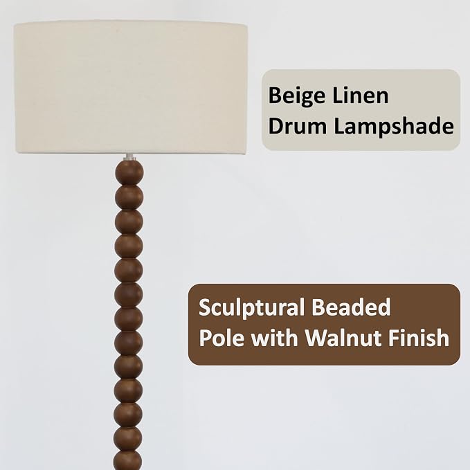 Buruis 61" Beaded Wood Floor Lamp with 17.2" Large Linen Shade, Retro Mid-Century Accent Walnut Finish Standing Lamp for Living Room, Bedroom, Office, Corner, UL Listed, Bulb Not Included, Beige