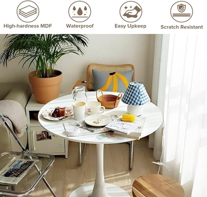 35.1" Tulip Dining Table, White, Perfect for 2-4 People, Mid-Century Modern Style, Round MDF Top with Sturdy Base for Dining Room, Living Room, Cafe