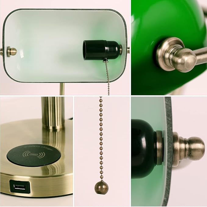 FIRVRE Glass Bankers Desk Lamp with USB Wireless Charging Port, LED Desk Lamp with Classic Retro Pull Chain Switch, Green Glass Lampshade with Brass Finish for Home Office Bedside Study Library