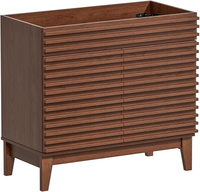 ROOMTEC 36" Bathroom Vanity, Mid-Century Freestanding Bathroom Cabinet Vanity with Storage, Particleboard Frame with Wood Grain Laminate, Walnut (Sink Basin Not Included)