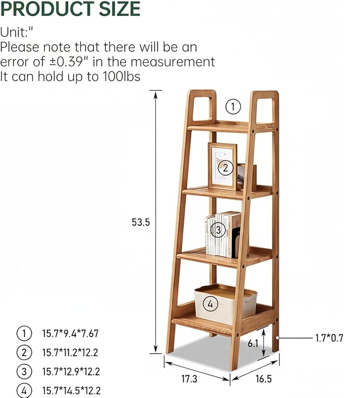 100% Solid Oak 4 Tier Ladder Shelf for Saving Space, Small Bookshelf with Stable Frame, Free Standing Ladder Shelves for Living Room Bedroom Couch(Natural,17.32" D x 16.53" W x 53.54" H)