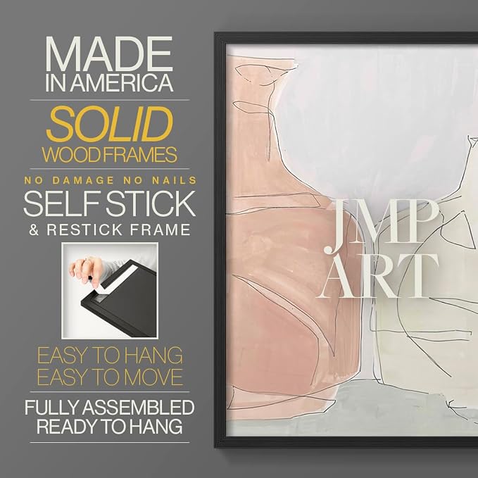 Renditions Gallery Set of 2 Peel & Stick Framed Prints, Neutral Abstract Wall Art, Soft Tones Delicate Linework Wall Decor, Re-Stickable - Ready to Hang - 22"x28" - Black Frame LT588