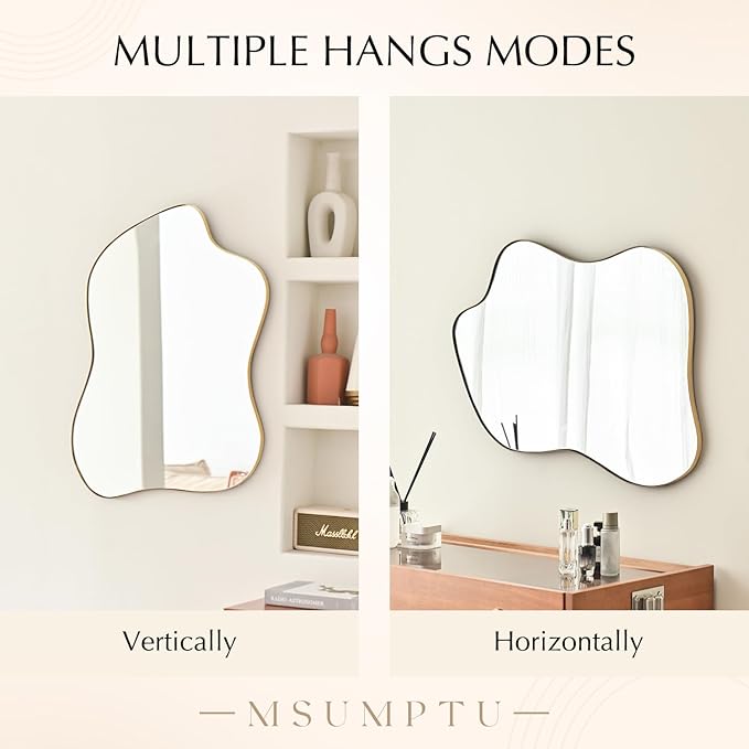 Irregular Wall Mirror Gold Wave Shaped Metal Framed Wall Mirror for Bathroom Bedroom Entryway Living Room Wall Decor 30.5" L x 23" W 2303Gold