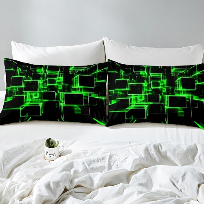Erosebridal Fluorescent Green and Black Kids Duvet Cover, Modern Geometric Square Bedding Sets for Boys Girls Gradient Neon Light Honeycomb Bed Cover King 3 Pieces