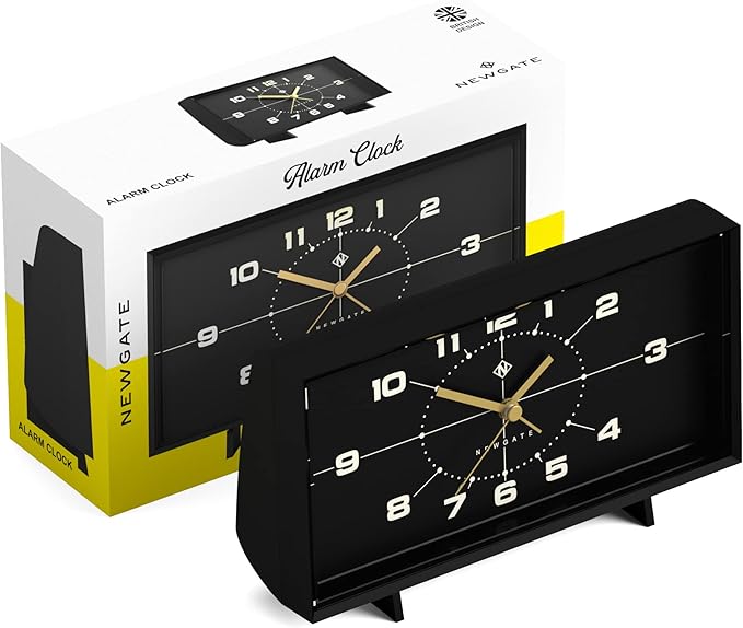NEWGATE® Wideboy Alarm Clock | Rectangular Retro Design | Black | Mid-Century dial | Ideal for Bedside, Desk, Mantel or Shelf | Retro Bedroom & Office Accessory