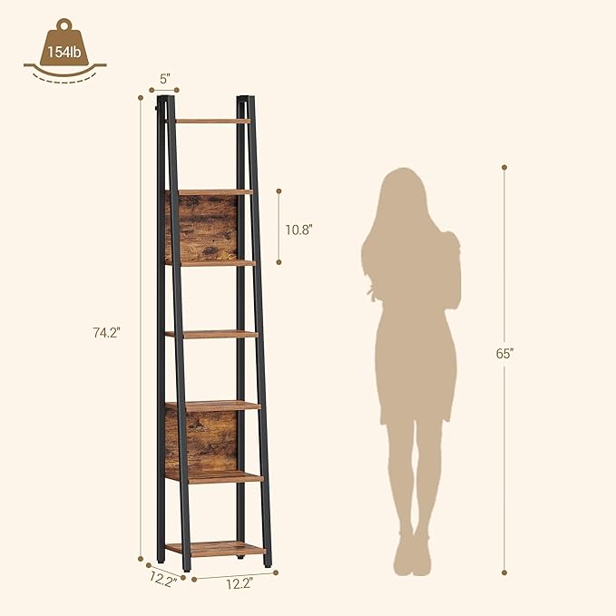 Hzuaneri Ladder Shelf, 7-Tier Narrow Bookshelf with 2 Back Panels, Industrial Ladder Shelf with 2 Hooks, for Home Office, Living Room and Bedroom, 12.2" D x 12.2" W x74.2''H, Rustic Brown BC31701B
