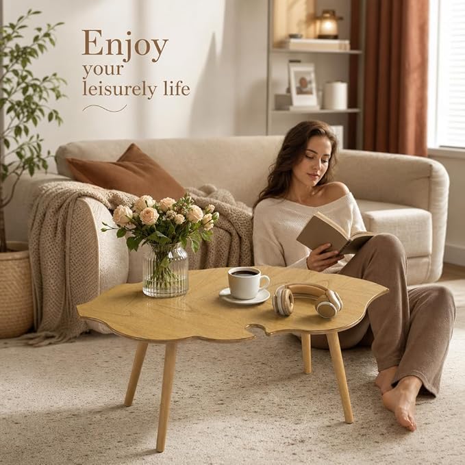 DUOMAY Mid-Century Modern Small Coffee Table, Solid Leaf-Shaped Wood Coffee Table for Living Room, Easy Assembly Center Table End Table with Wood Leg, Side Table for Bedroom Small Space, Natural