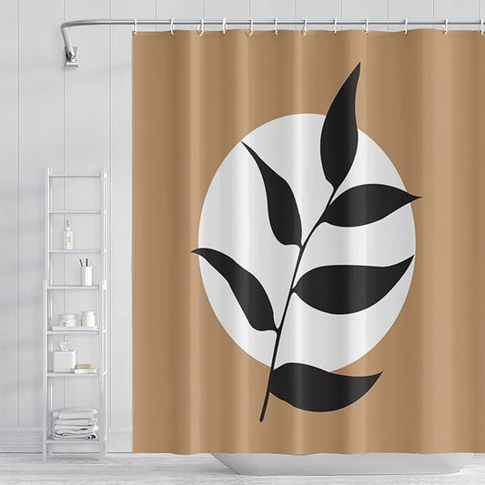 Abstract Bohemian Bathroom Shower Curtain - White Circle Eucalyptus Leaves Boho Tan With Hooks, Waterproof Polyester for Modern Aesthetics Home Decor, 72x84 Inch