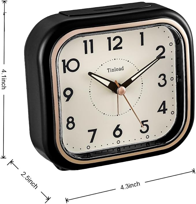 Tinload 4.3" Vintage Retro Analog Alarm Clock, Super Silent Non Ticking Clock with Manual Light, Snooze, Battery Operated, Simply Design, for Living Room, Bedroom, Bedside, Desk(Black)