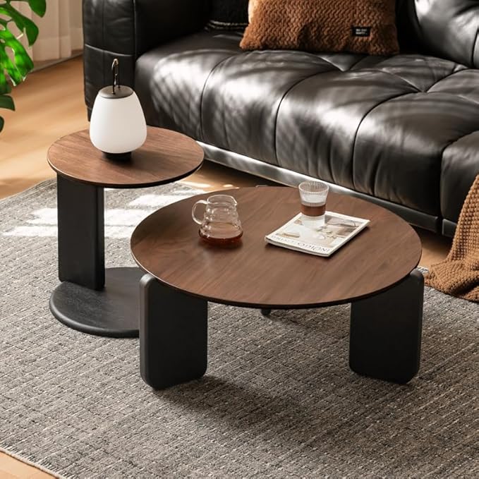 YESWOOD Round Coffee Table Set of 2, Solid Walnut Wood Top Coffee Table with Oak Legs, Mid Century Morden Living Rooom Table, Small Coffee Table for Bedroom Balcony Living Room